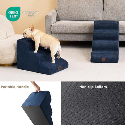 EHEYCIGA Curved Dog Stairs Ramp for Small Dogs 15.7" H, 3-Step Dog Steps for Couch Sofa and Chair, Pet Stairs for Cats, Non-Slip Balanced Pet Steps Indoor, Navy
