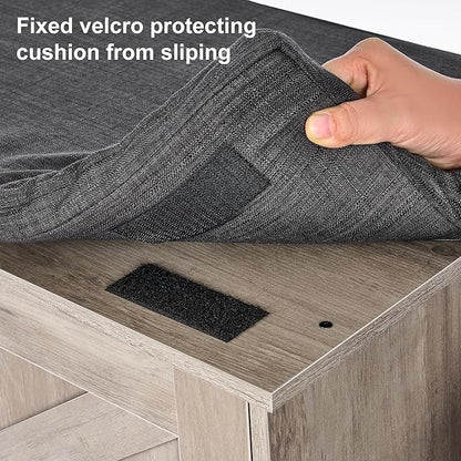 2-Tier Storage Bench, Shoe Bench with Padded Seat Cushion, Entryway Bench with 4 Barn Doors, Adjustable Shelf, 13.8" D x 47.2" W x 17.7" H, for Entryway, Living Room, Bedroom, Greige