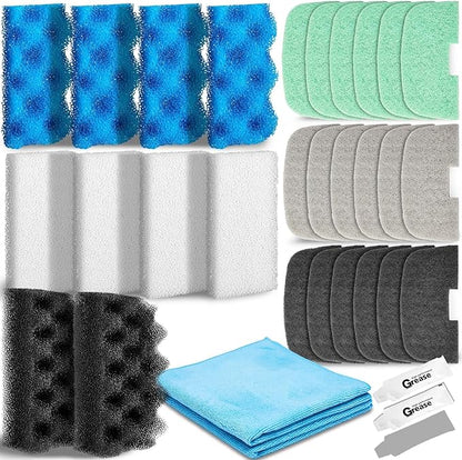 32 Pcs Aquarium Replacement Maintenance Kit Compatible with Fluval 106/107 Filter Media Including Biological Sponge, Ammonia/Phosphate/Nitrite Remover Pad, Aquarium Towel, Grease