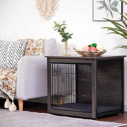 DWANTON Dog Crate Furniture with Cushion, Wooden Kennel Table with Double Doors, Indoor Dog House, Small/Medium/Large/Extra Large Size, 27.2" L, Dark Gray