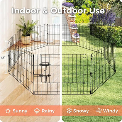 Foldable Dog Playpen 48" Height 8 Panels Metal Exercise Pen with Door - Indoor/Outdoor Dog Play Pen for Medium-Large Dogs, Portable Pet Fence for Yard Garden Camping, Black