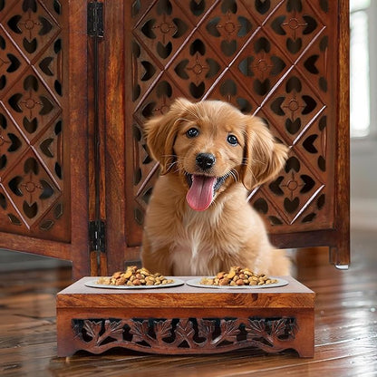 Elevated Pet Feeder for Dogs and Cats - Scroll Carved Wood Raised Dog Bowl Stand - Pet Feeding Stand with Two Steel Bowls - Raised Dog Bowl for Food and Water - Pet Feeding Station -17x11x4- IRONGATE