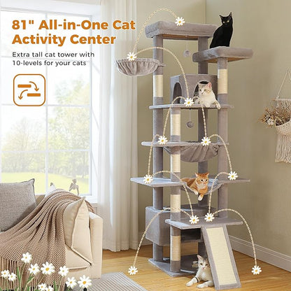 81 Inches Tall Cat Tree for Indoor Cats Large Adult - Heavy Duty Multi-Level Cat Tower with Large Metal Frame Hammock, Scratching Pad, 2 Top Perches, 2 Cozy Condos & 6 Scratching Posts - Gray