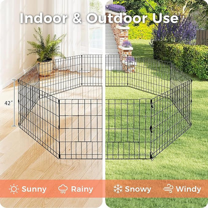 Foldable Dog Playpen 42" Height 8 Panels Metal Exercise Pen No Door - Indoor/Outdoor Dog Play Pen for Medium-Large Dogs, Portable Pet Fence for Yard Garden Camping, Black