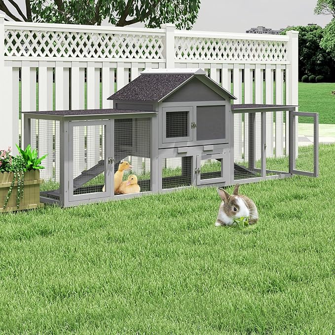 82.5” Large Wooden Rabbit Hutch Outdoor Easy to Assemble Rabbit Cage and Durable Bunny Hutch Indoor with Cleaning Tray & Waterproof Roof for Small and Medium Bunny Rabbit Chick (Grey)
