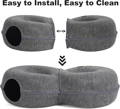 8-Shaped Large Cat Tunnel Bed for Indoor Cats, Infinite Circulation Peekaboo Cat Cave with 12 Toy Balls, Cat Donut Tunnel for Cats up to 30 Pounds (Dark Grey, L 38x24x11in)