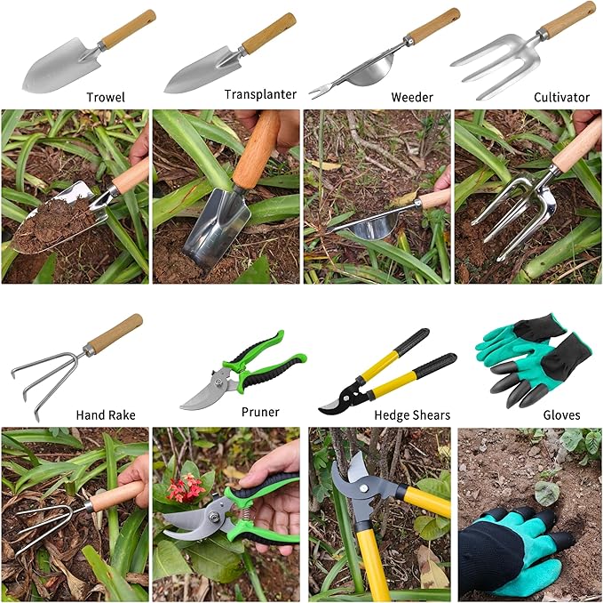 Gardening Tools – 42 Piece Premium Gardening Tool Set,Heavy Duty Hand Tools with Fashion Garden Tools Organizer Handbag,Rust-Proof Gardening Tool Kit, Ideal Gardening Gifts for All (Green Floral)