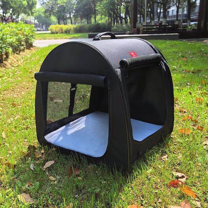 Fabric Portable Pet Kennel/Shelter, Single, Black 20"x20"x19.5" - Car Seat-Belt Fixture Included