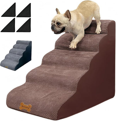 Dog Stairs & Pet Ramp for Small/Large Dogs to High Beds/Couches - 5 Steps 24-inch Height for 18-30 inch Furniture, 2 Washable Covers (Brown, Grey), Non-Slip Balanced 33D Design for Old Dogs & Cats