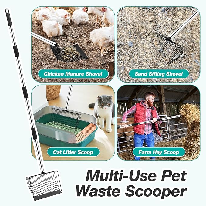 Adjustable Chicken Poop Scooper, Heavy Duty Stainless Steel Chicken Rake with 3-Slot Pole, Multi-Use Pet Waste Shovel & Hay Scooper - 36"/50"/64" Length