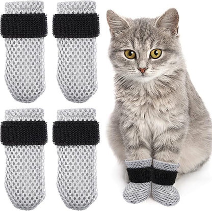 4Pcs Cat Nail Caps, Cats Booties Mittens Paw Covers Caps Shoes for Bathing Shaving Checking Nail Cutting, Pet Grooming Socks AntiScratch Adjustable Pet Claw Protector Foot Sleeves, Grey M