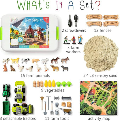 59 PCS Farm Sensory Bin Sandbox with Lid, 2.2 LB Sensory Sand, 40 Toddler Farm Toys, 3 Take Apart Construction Trucks -Sensory Toys for Kids 5-7, 3-4 & Up- Kids Gifts for Boys and Girls