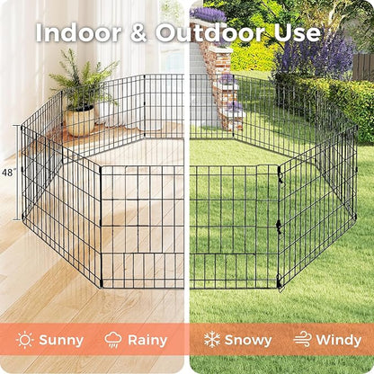 Foldable Dog Playpen 48" Height 8 Panels Metal Exercise Pen No Door - Indoor/Outdoor Dog Play Pen for Medium-Large Dogs, Portable Pet Fence for Yard Garden Camping, Black