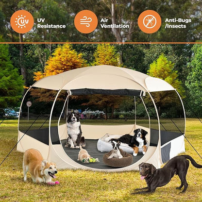 EighteenTek XXLarge Popup Portable Dog Houses, 10'x4.8'H Assembly-Free Gazebo-Style Dog Cot Cat Playpen Screen Pet Tent Sun Shade Shelter Dog Bed with Canopy for Outdoor Anti-Bugs with Leakproof Floor