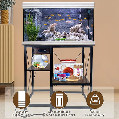 20-37 Gallon Fish Tank Stand with Power Outlet, 30.7"x13.8" Metal Frame Fish Stand, 3-Tier Wood Aquarium Stand, 400LBS Capacity Reptile Terrarium Stand