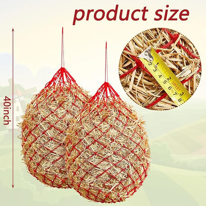 Fabbay 4 Pcs Slow Feed Hay Net Feeder Hay Bag for Horses Slow Feeder 40 Inch Length with 2 Inch Holes Hanging Horse Feed Net for Goat Cattle Equine Stalls Barn Supplies(Red)