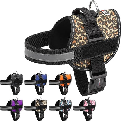 Dogline Dog Harness, Reflective No-Pull Adjustable Vest with Handle for Walking, Training, Breathable, No - Choke Harness for Small, Medium or Large Dogs Room for Patches Leopard Brown L 27"-34"