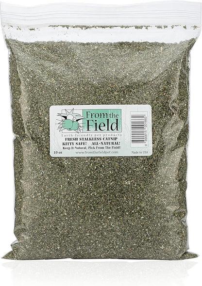 from The Field | Fine Ground Stalkless Catnip | Premium USA-Grown Catnip for Toys & Playtime | Fresh, Potent, Non-Toxic, Eco-Friendly | Safe for Kittens & Cats | Resealable 10 Oz Bag