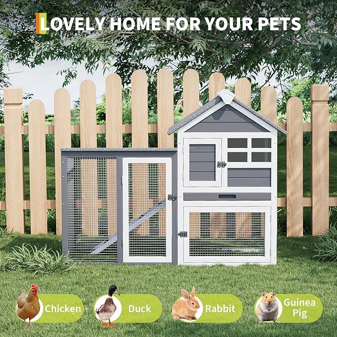 2-Tier Rabbit & Chicken House,Wooden Chicken Coop & Bunny Cage with Non-Slip Ramp, 4 Doors,Waterproof Roof & Pull-Out Tray,Outdoor/Indoor Pet Cage