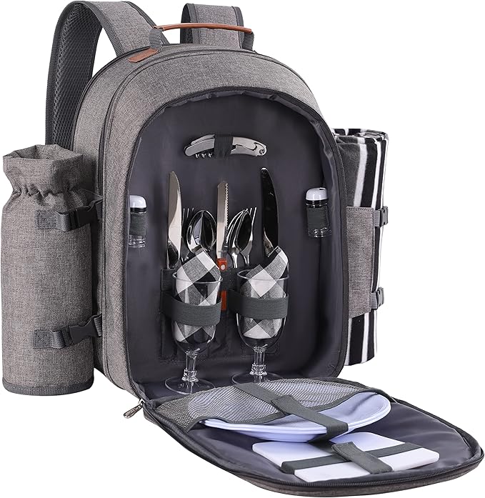 Apollo Walker Picnic Backpack Set for 2 Person with Cooler Compartment, Detachable Bottle/Wine Holder, Fleece Blanket, Plates and Cutlery Set