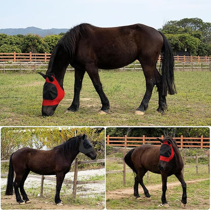 2 Piece Horse Fly Mask with Ears, Comfortable Fit Stretch Fabric Big Eye Space Soft Breathable with UV Protection for Full Horses (Red-Black)