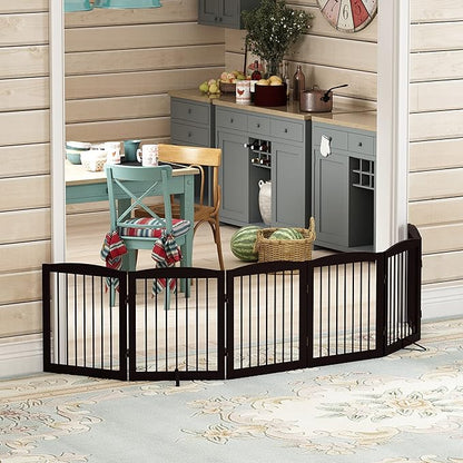 Freestanding Pet Gate for Dogs, Foldable Wooden Dog Gate for House, Extra Wide Indoor Pet Barrier for Stair, Doorway, Hall, Support Feet Included, 120 Inch Wide, 6 Panels 24", Brown