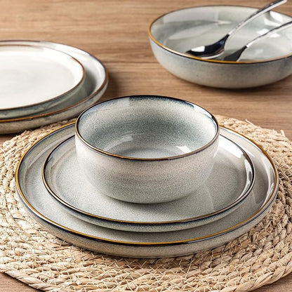 GBHOME Ceramic Dinnerware Sets for 4, 12 Pieces Stoneware Plates and Bowls Sets, Reactive Glaze Dishes -Scratch Resistant, Dishwasher&Microwave Safe, Green Wheat