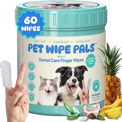 All-in-1 Dog Teeth Cleaning Wipes | Enzymatic Whitening + Premium Scrubbing Beads | No Mess, Pet Dental Wipes & Finger Tooth Brushing Kit | Plant-Based Dental Care for Cats & Dogs (60 Count)
