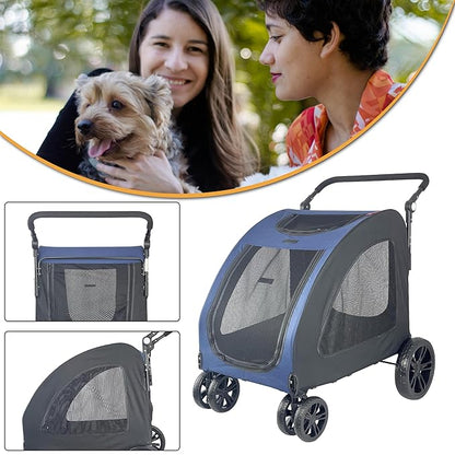 Extra Large Dog Stroller for Medium & Large Pets - Foldable Design, Adjustable Handle, Up to 130 lbs(Blue)