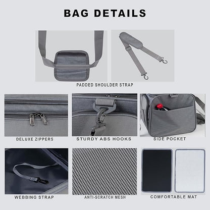 Airline Approved Soft Sided Pet Carrier for Small and Medium Dogs, Cats, and Puppies (Up to 15 lbs), Collapsible Portable Travel Bag for Dogs Cats (Grey)