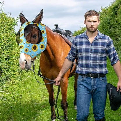 Frienda 4 Pieces Horse Fly Masks with Ears Face Covering UV Protection from Insect Pests Elasticity Smooth Comfortable Mesh Horse Mask Accessories(Flower,Large)