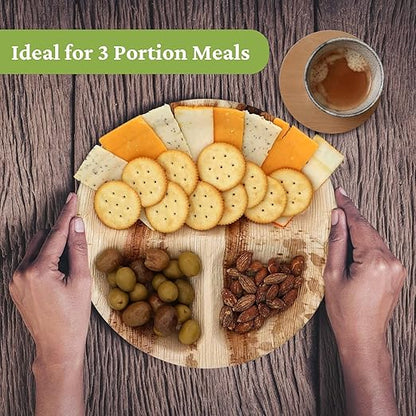 Dtocs 3 Compartment Plates (50 Pc) Palm Leaf 10 Inch Round Portion Control Buffet Sectional Plate | Bamboo Plates Disposable Like Compostable Camping Dinnerware Stronger than Divided Paper, Styrofoam