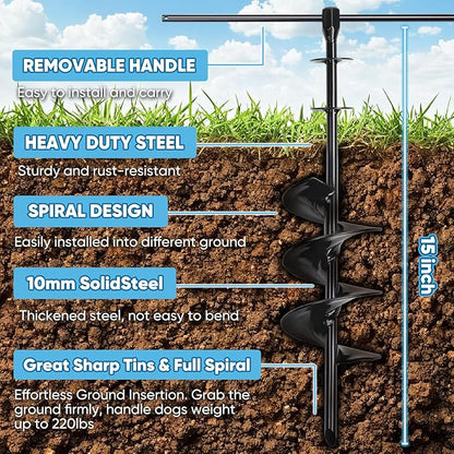 Dog Tie Out Stake for Large Dogs – Heavy Duty In-Ground Dog Anchor up to 210 lbs – Secure Tether Stake for Yard, Camping & Beach – Easy Install with Tool, Works with Tie Out Cable & Leash, Black