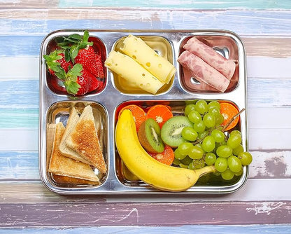 Extra Large Premium Stainless Steel Dinner Plates, 5 Compartments, Set of 2 | Eco Friendly Dinnerwear for Camping, Portion Control, Meal Prep, Lunch, and Party