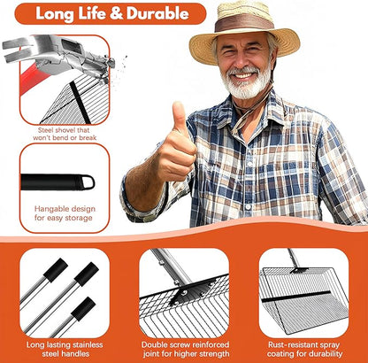 15inch Large Chicken Poop Scooper, 2 Slot Widths (0.16"&0.28"), 39" to 76" Adjustable Stainless Steel Handle, Sifting Litter Shovel for Chicken Coop/Stables/Farm Cleaning(with Effortless Grip)