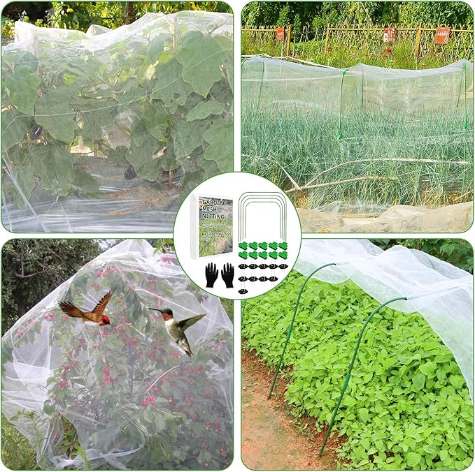 Garden Netting Mesh, 10X100 FT Garden Netting with 16 Cilps & Ultra Fine Mesh Net Bird Barrier Protection for Garden Vegetables Flowers Shrubs Fruit Trees Indoors & Outdoors Plant Beds Greenhouse