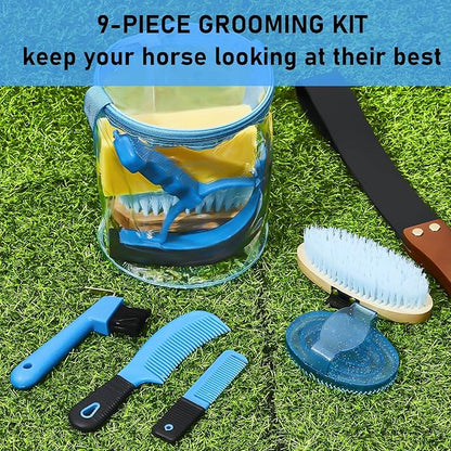 9 Pieces Horse Grooming Kit Tack Room Supplies Set with Organizer Tote Bag, Oval Massage Curry, Hard and Soft Brush, Hoof Pick, Sweat Scraper, Bathing Sponge, Combs for Horse Riders Beginners (Blue)