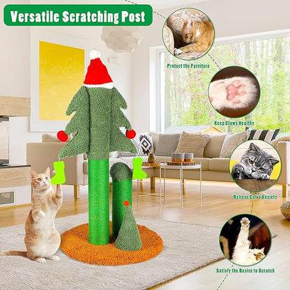 32” Cat Scratching Post, Tall Christmas Tree Cat Scratcher with 3 Posts and Cute Dangling Teaser Balls, Natural Sisal Rope Cat Toys for Kitty and Adult Cats