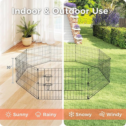 Foldable Dog Playpen 30" Height 8 Panels Metal Exercise Pen with Door - Indoor/Outdoor Puppy Playpen for Small Dogs, Portable Pet Fence for Yard Garden Camping, Black