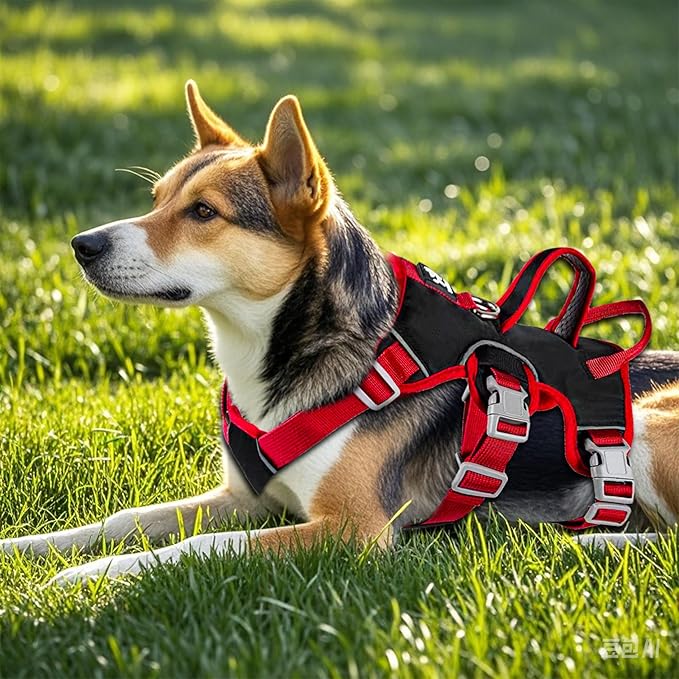 Escape Proof Dog Harness, No Pull Reflective Adjustable Vest with Easy Control Lift Handle, No Choke Soft Padded Breathable Full Body Pet Harness for Walking Hiking and Training (Red, Small)