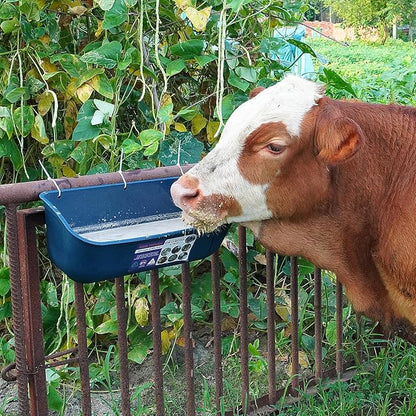 Goovilla Large Feed Trough, Hanging or Screw-in Fence Feeder with Clips, 2 Pack 9 Quart Goat Feeder Supplies, Dog Horse Hog Pig Livestock Poultry Plastic Feeder Trough Bucket for Large Animal, Blue