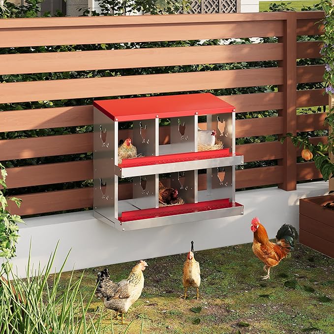 6 Hole Chicken Nesting Box with Roll Out Egg Tray, Rustproof & Ventilated Chicken Laying Boxes for Hens, Chickens, Ducks | Easy-Clean Poultry Coop Accessories