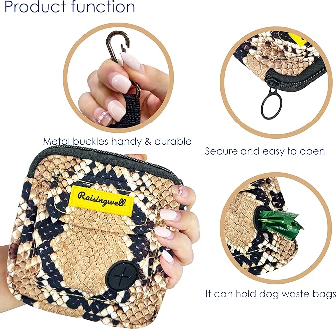 Dog Treat Pouch for Pet Walking and Training with Clicker Poop Bags and Double Bag Design Small Fanny Zipper Pack Holder for Puppy Snack Dispenser Kit for Leash and Outdoor Use Snake Skin