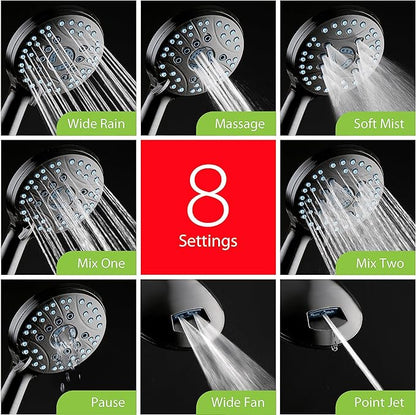 AquaCare High Pressure 8-mode Handheld Shower Head - Anti-clog Nozzles, Built-in Power Wash to Clean Tub, Tile & Pets, Extra Long 6 ft. Stainless Steel Hose, Wall & Overhead Brackets