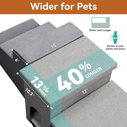 Dog Stairs 15" H, 2-Step Wider Dog Steps for Small/Medium/Large Old Dogs Cats, Folding Sturdy Storage Pet Stairs Climbing Bed Couch, Dog Ramp for Car Hold Up to 150 lbs(Gray, with Condo)