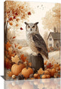Fall Owl Wall Art Autumn Pumpkin Leaves Wall Decor Rustic Canvas Print Farmhouse Pictures Painting Print Framed Artwork Decorations Gifts for Living Room Bathroom Bedroom Office 16"x24"