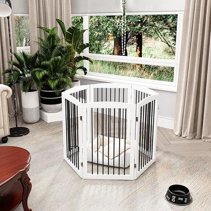 Freestanding Pet Gate for Dogs, Indoor Wooden Foldable Dog Gate for House, Extra Wide, Pet Fence for Stairs, Doorways, Halls, Support Feet Included, 120 Inch Wide, 6 Panels 32",White