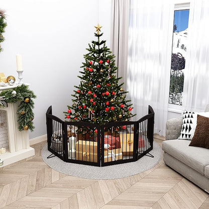 Freestanding Pet Gate for Dogs, Foldable Wooden Dog Gate for House, Extra Wide Indoor Pet Barrier for Stair, Doorway, Hall, Support Feet Included, 120 Inch Wide, 6 Panels 24", Brown