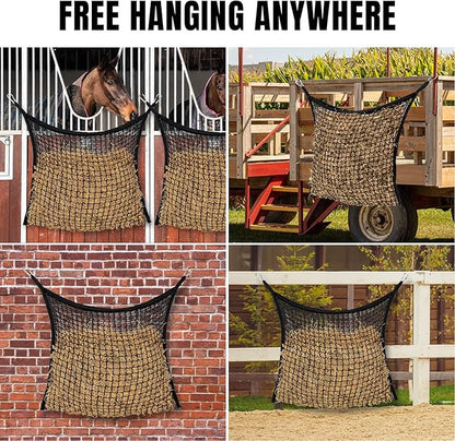 4 PCS Slow Feed Hay Net for Horses, Large Capacity Hay Bags for Horses Goats Sheep Donkey Trailer Full Day Feeding, Easy to Fill and Hang, Black, 35 x 31 Inch