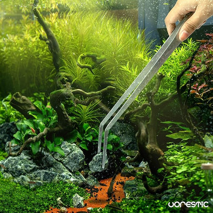 2PCS 15" Curved Aquarium Tweezers Long and 9.8" Aquarium Scissors, Feeding Tongs and Scissors with Protective Cap, Stainless Steel Aquascaping Tools for Plant Trimming and Reptile Feeding